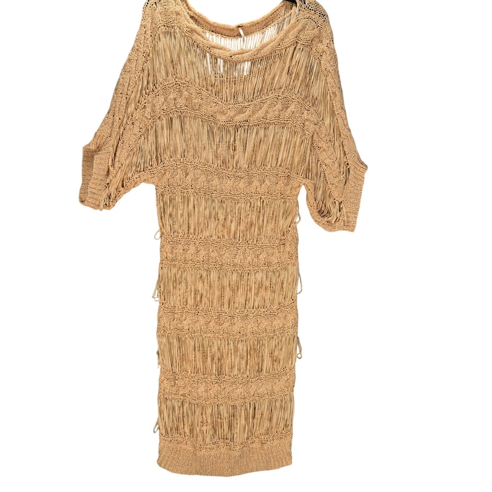 Free People Tan Open Knit Fringe Swim Cover Up Dress Small Batwing Sleeve Boho
